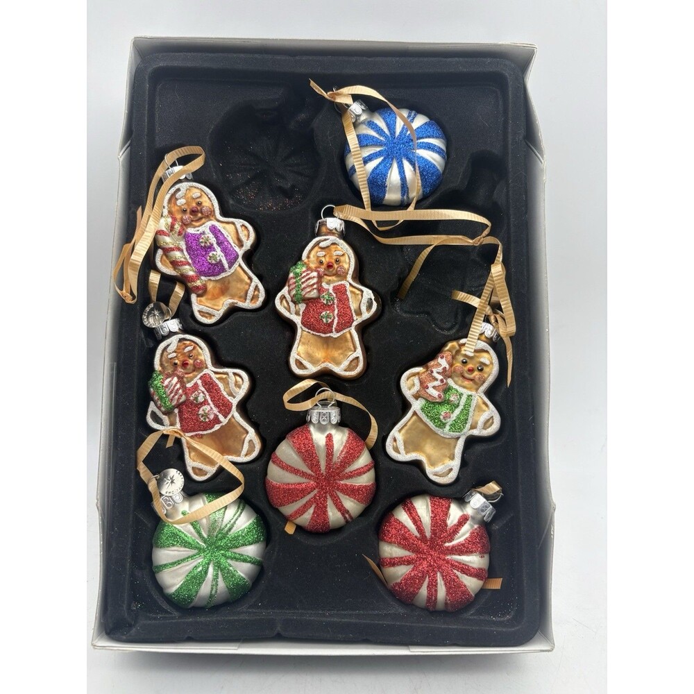 Christopher Radko Gingerbread Ornament Set 8pc Peppermint Glass Sears 2011 Box